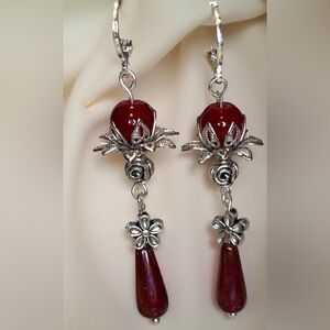 HAND CRAFTED EARRINGS 

 Red Glass Floral Drop Earrings with Silver Accents